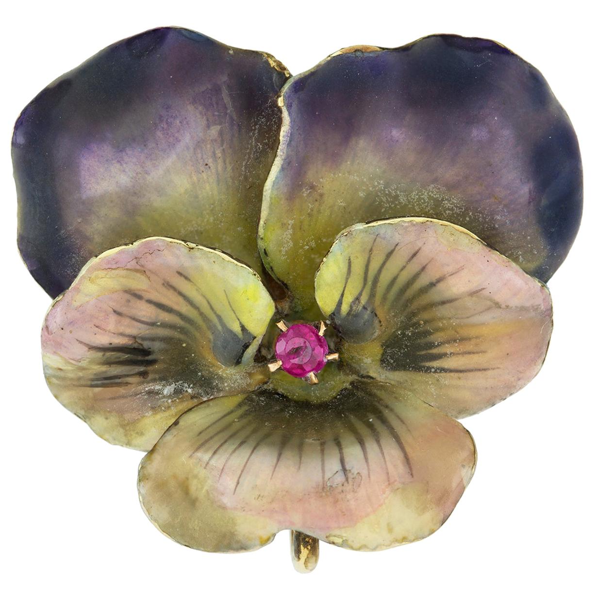 Antique Enamel and Ruby Pansy Brooch