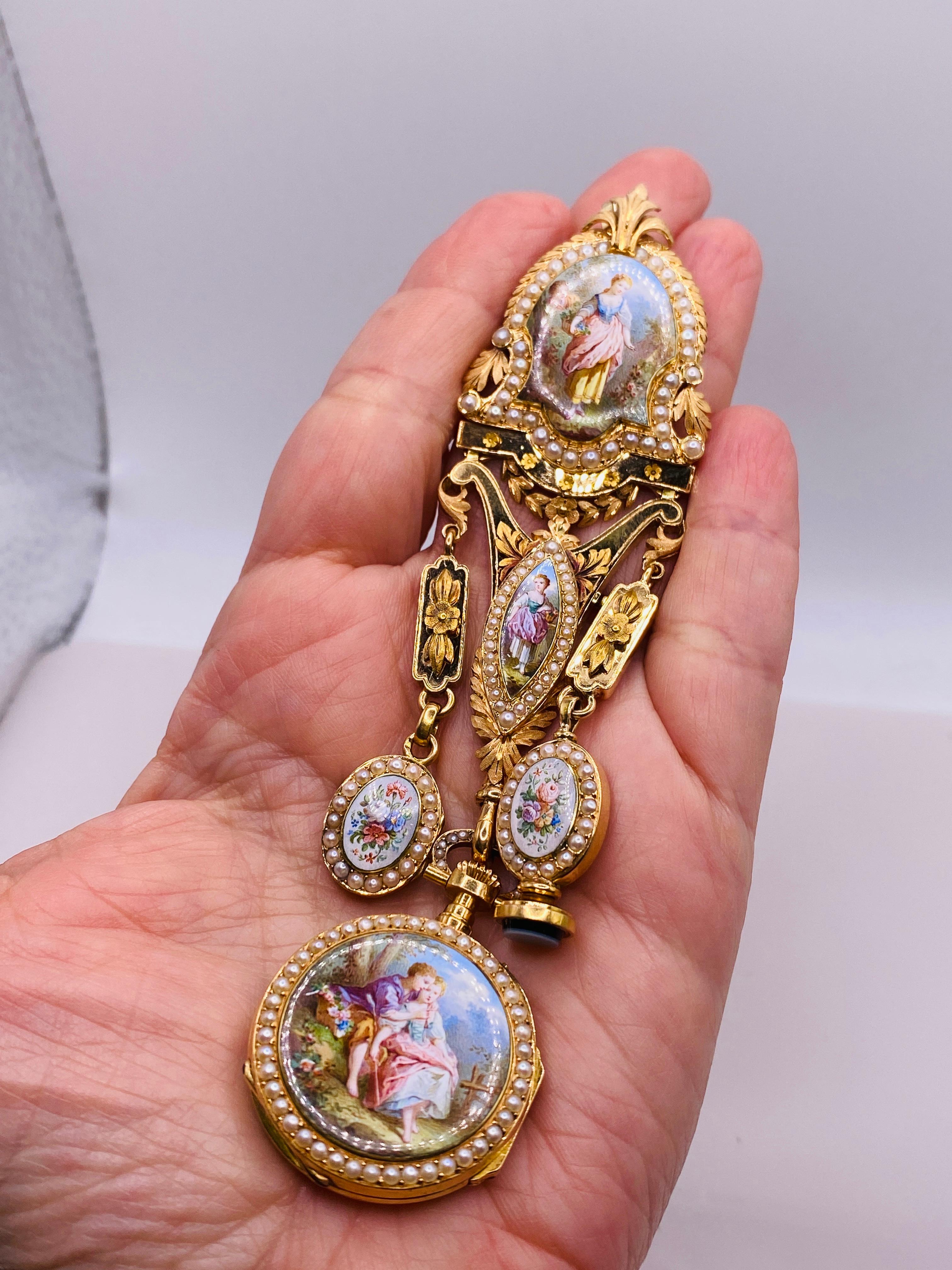 Antique Enamel and Seed Pearl Pendant Watch In Good Condition In DALLAS, TX