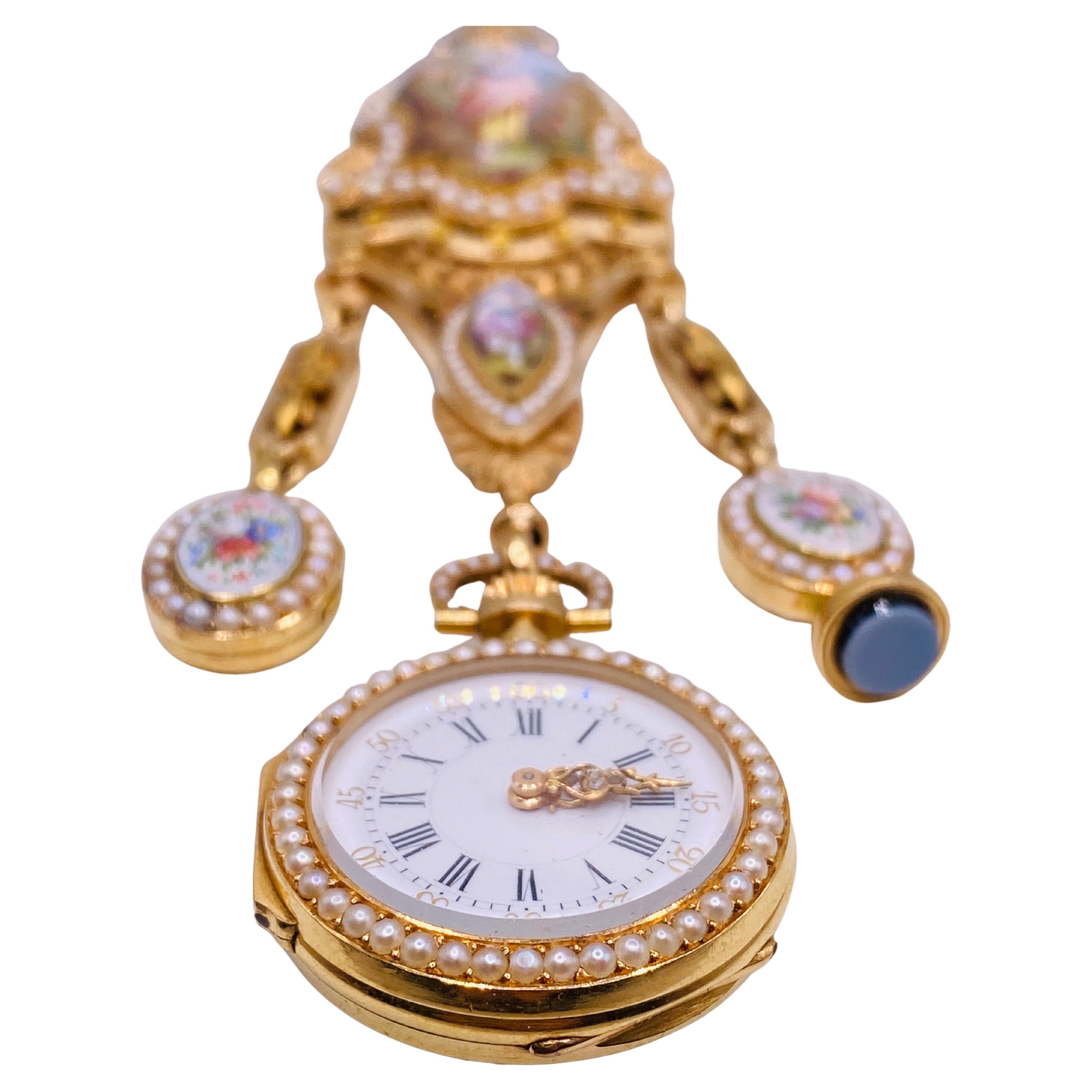 Antique Enamel and Seed Pearl Pendant Watch