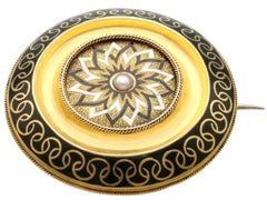 Antique Enamel and Seed Pearl Yellow Gold Mourning Brooch