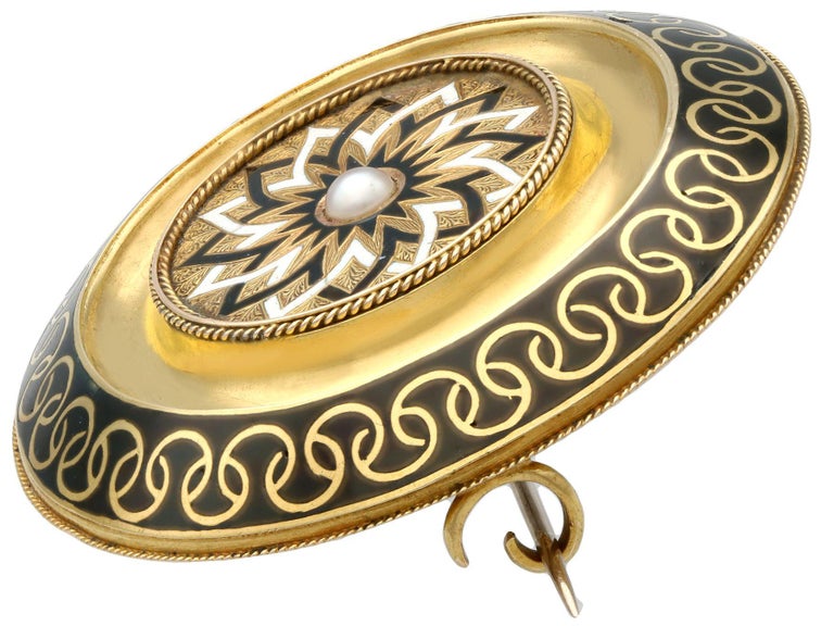 Round Cut Antique Enamel and Seed Pearl Yellow Gold Mourning Brooch For Sale