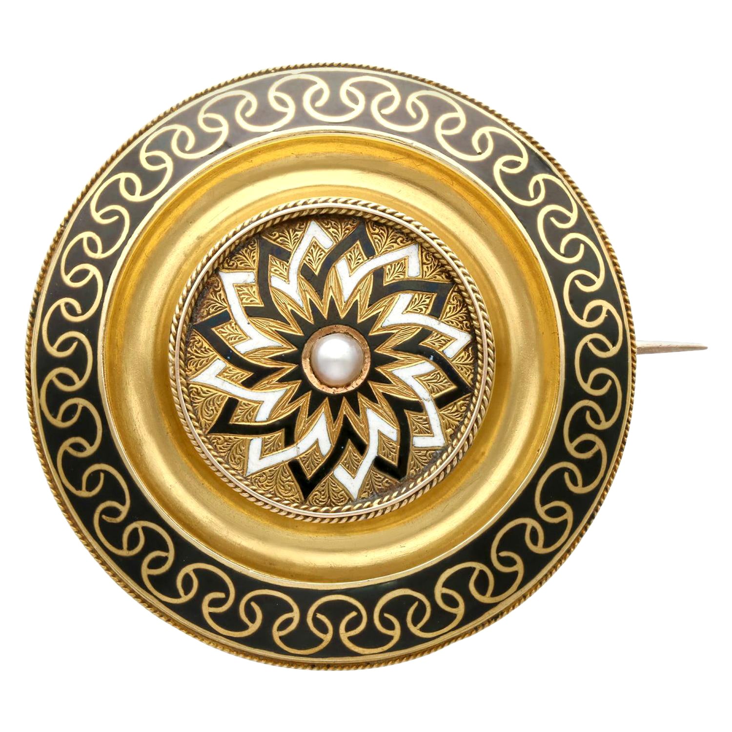 Antique Enamel and Seed Pearl Yellow Gold Mourning Brooch