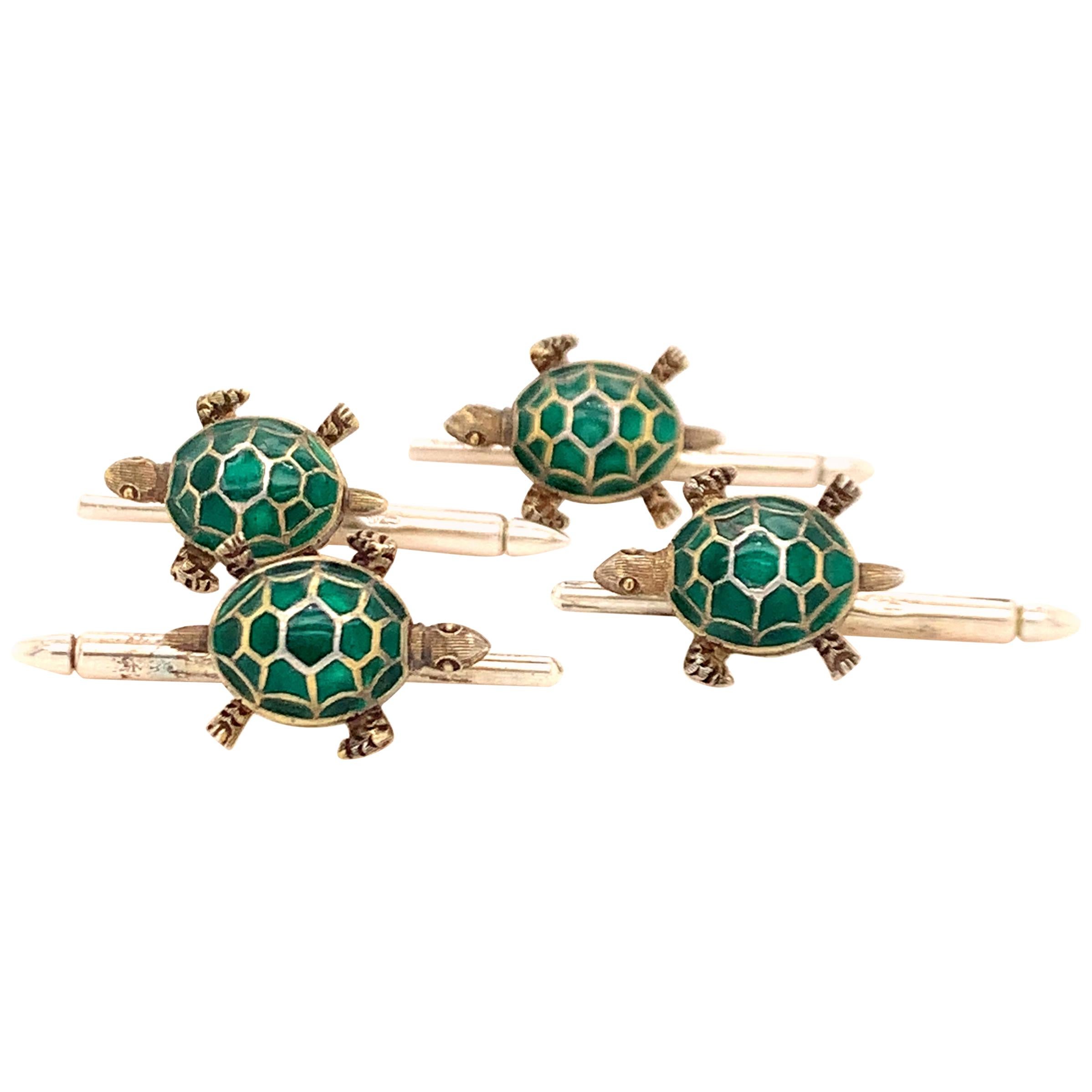 Antique Enamel and Sterling Turtle Shirt Studs For Sale