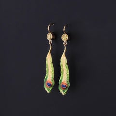 Antique Enamel and Yellow Diamond Peacock Feather Conversion Earrings 14k Gold