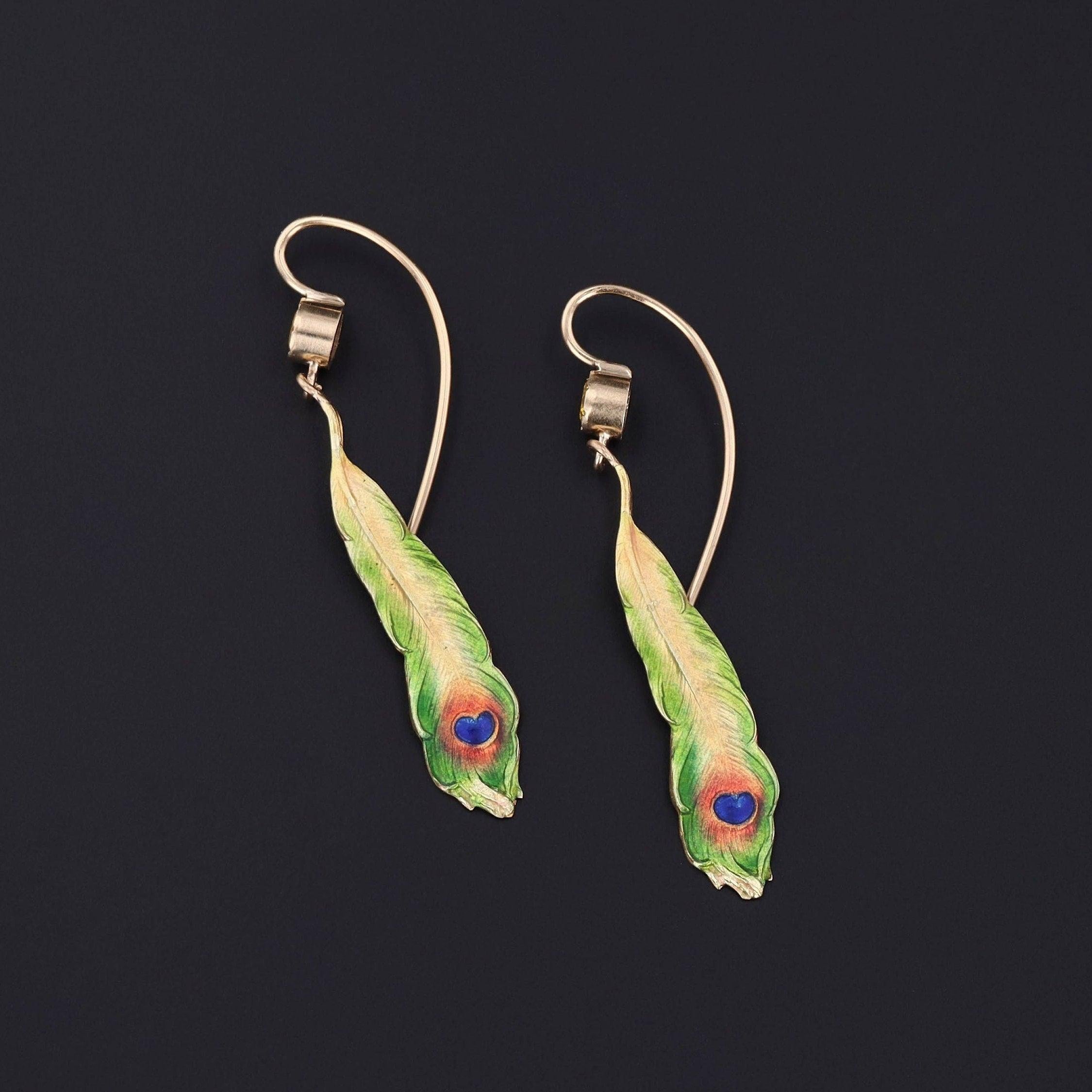 Brilliant Cut Antique Enamel and Yellow Diamond Peacock Feather Conversion Earrings 14k Gold For Sale