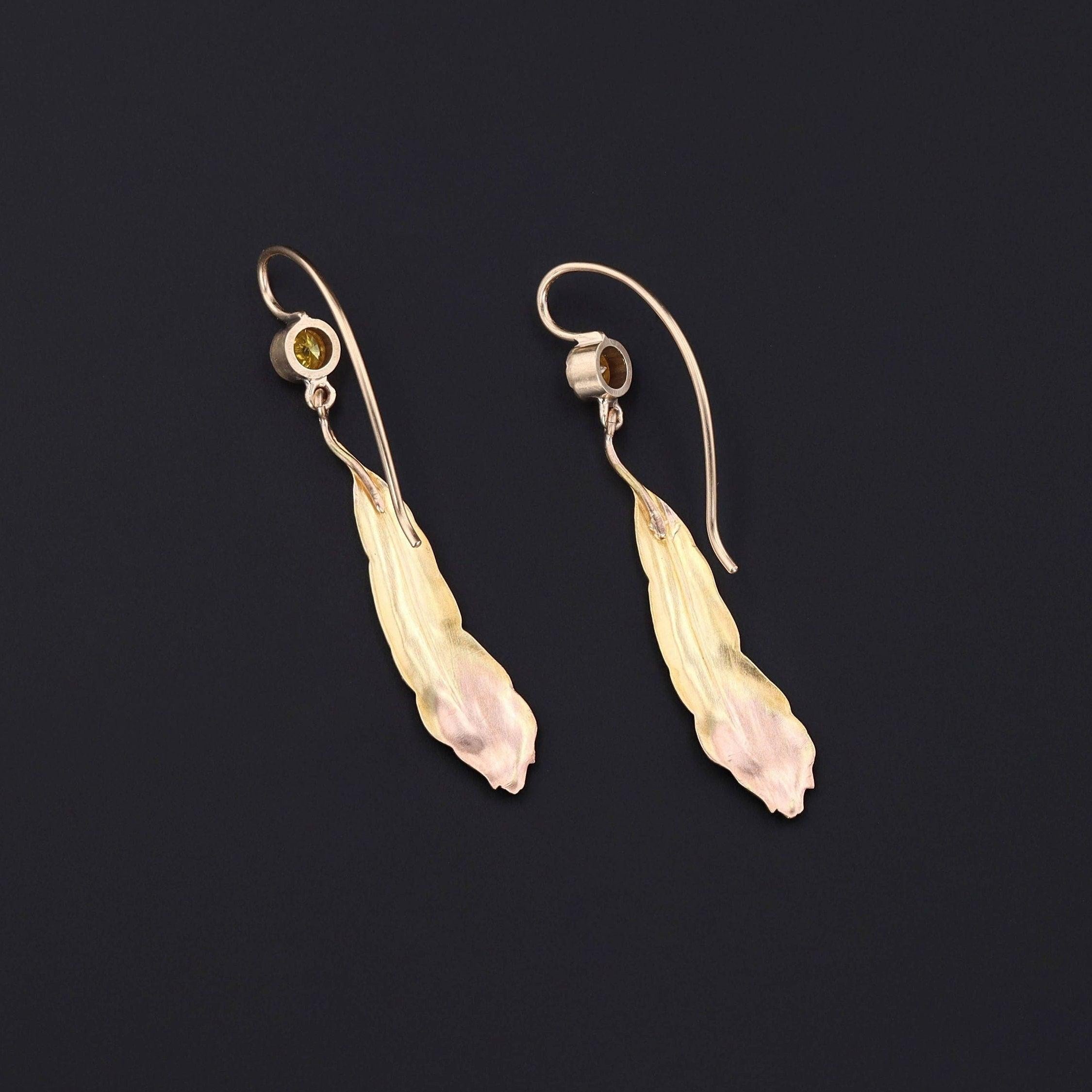 Antique Enamel and Yellow Diamond Peacock Feather Conversion Earrings 14k Gold In Good Condition For Sale In Lewisburg, PA