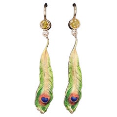 Antique Enamel and Yellow Diamond Peacock Feather Conversion Earrings 14k Gold
