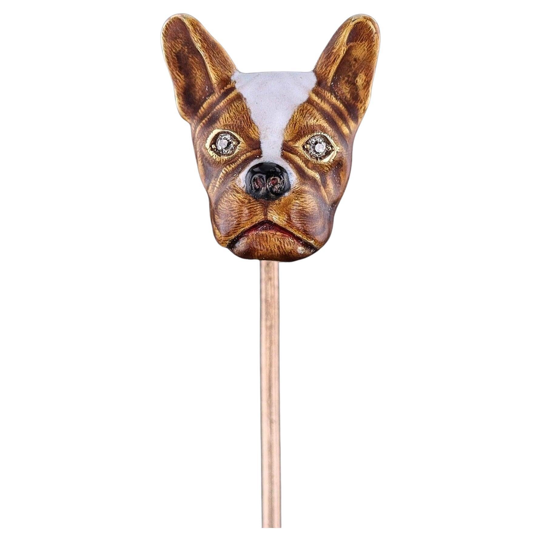 Antica spilla in smalto Boston Terrier in oro 14k
