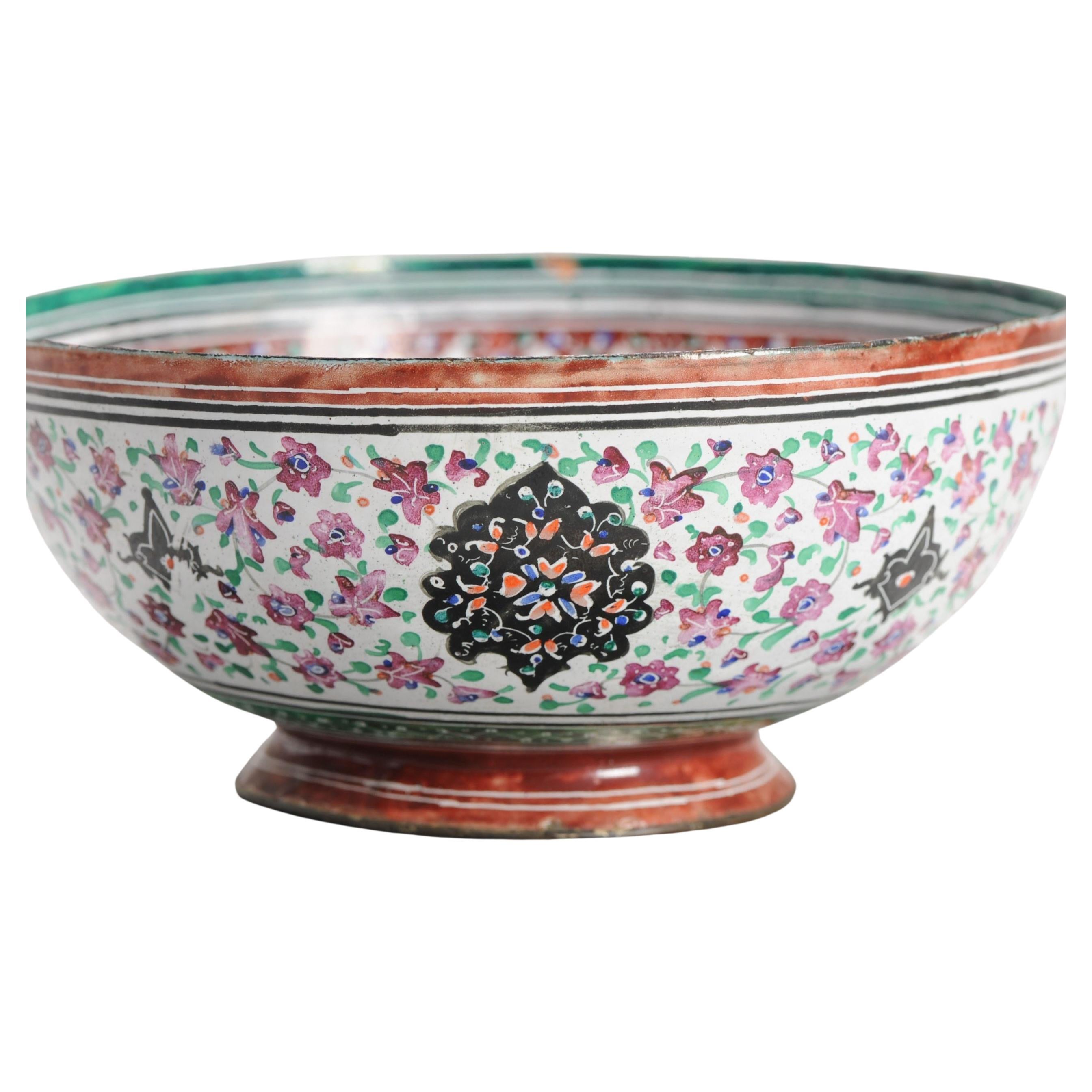 Cuenco Persa Antiguo Esmaltado Bronce/Cobre Flores y Pájaros Policromado, ca 1900