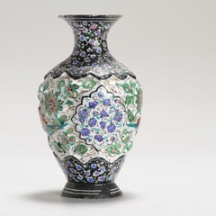 Antique Enamel Bronze/Copper Persian Vase Flowers Birds Polychrome, ca 1900