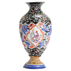 Antique Enamel Bronze/Copper Persian Vase Flowers Birds Polychrome, ca 1900