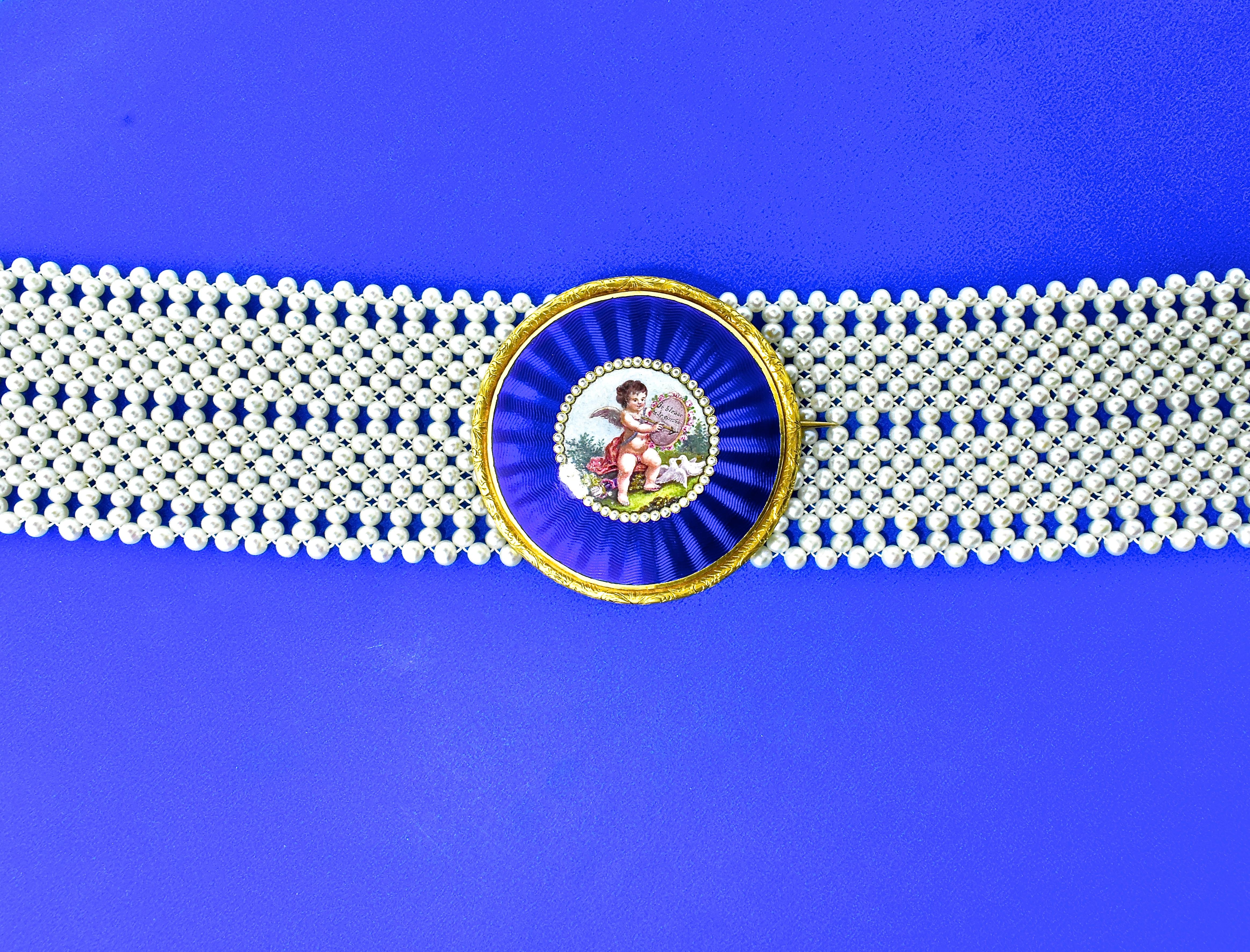 Women's or Men's Antique Enamel Brooch on Woven Pearl Collar, C. 1800