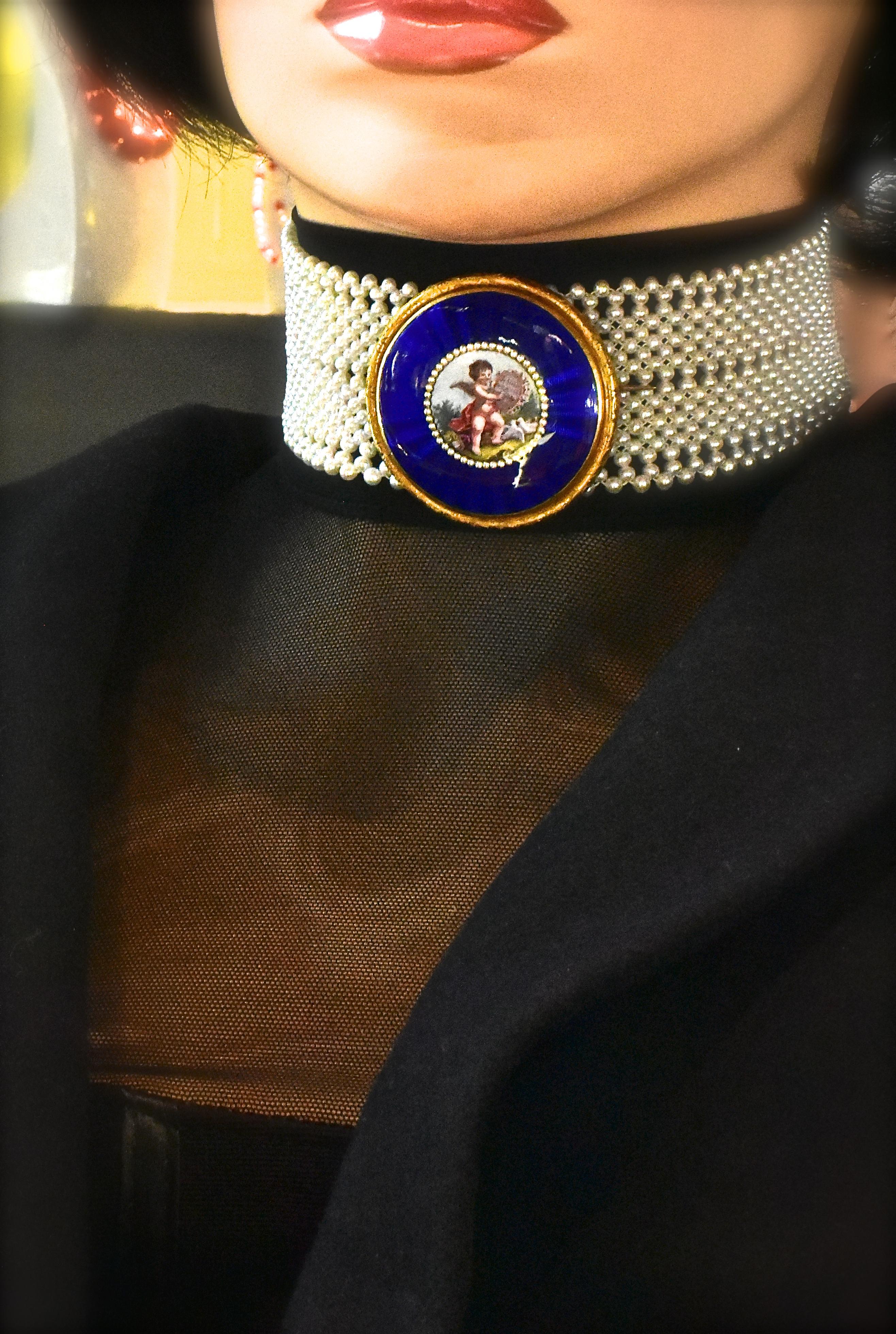 Antique Enamel Brooch on Woven Pearl Collar, C. 1800 1