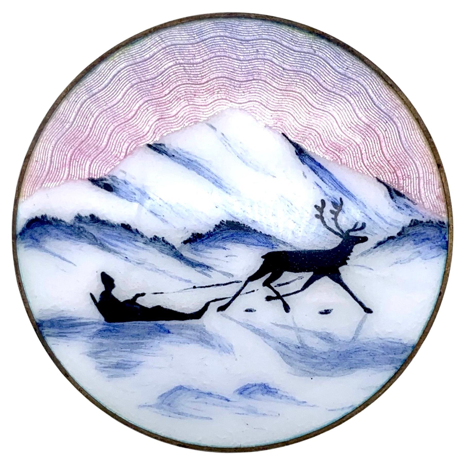 Antique Enamel Brooch Winter Reindeer Sleigh Ride Sunset Sterling Silver Norway