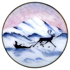 Antique Enamel Brooch Winter Reindeer Sleigh Ride Sunset Sterling Silver Norway