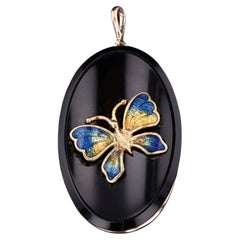 Antique Enamel Butterfly on Onyx Pendant of 14k Gold