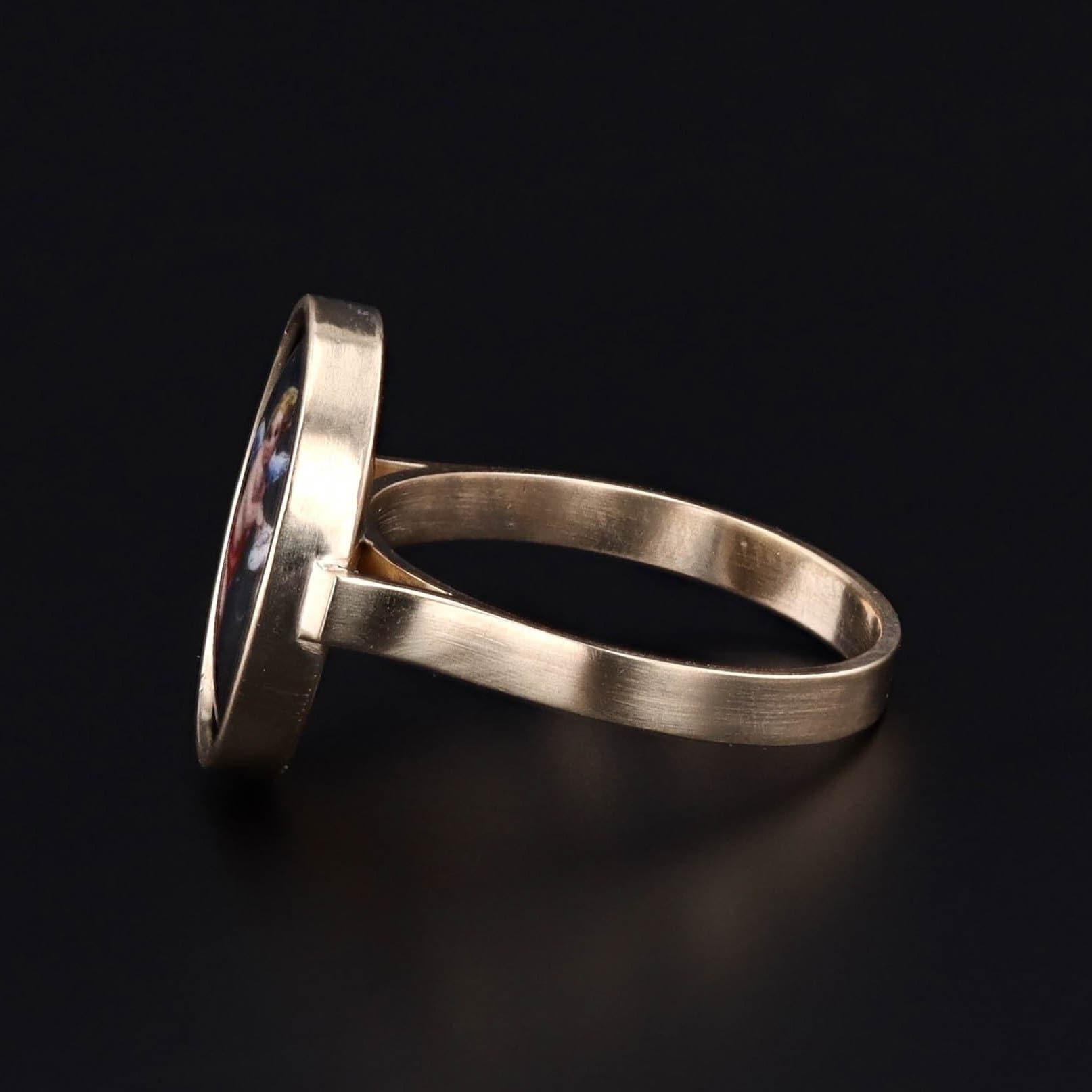 Victorien Bague de conversion en or 14k avec chérubin en émail ancien en vente