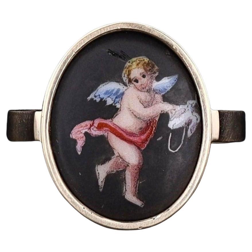 Antique Enamel Cherub Conversion Ring of 14k Gold