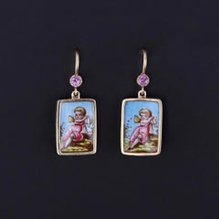 Antique Enamel Cherub Earrings of 14k Gold