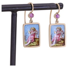 Antique Enamel Cherub Earrings of 14k Gold