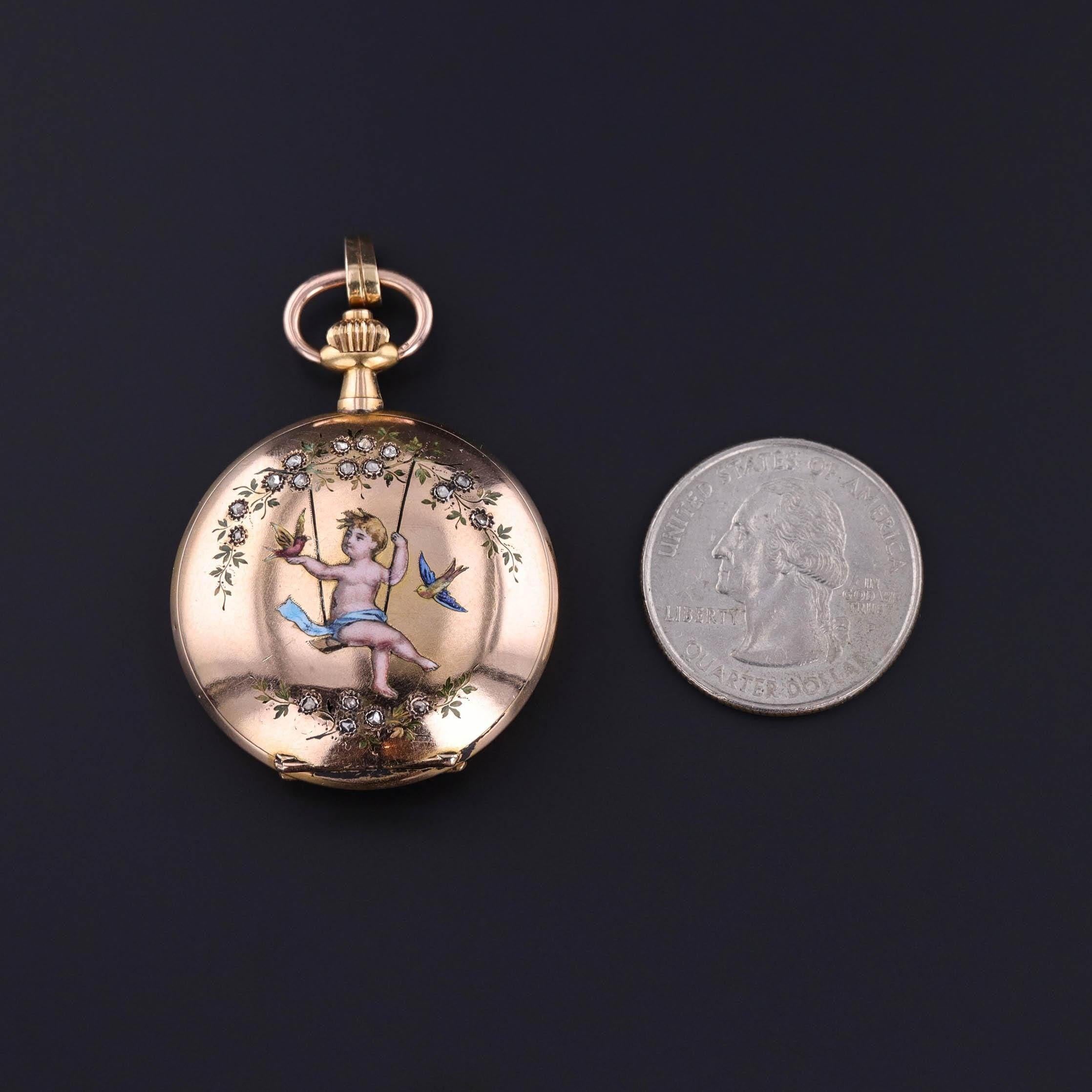 Rose Cut Antique Enamel Cherub Pocket Watch of 18k Gold For Sale
