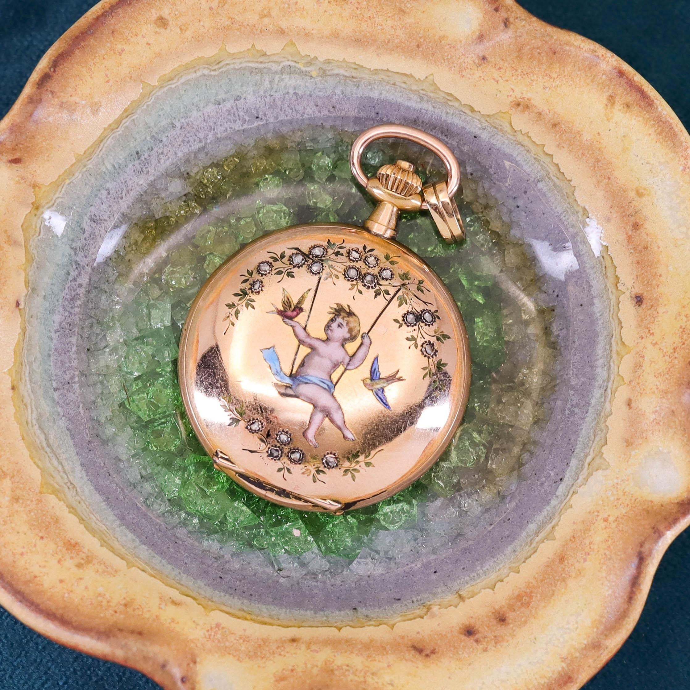 Antique Enamel Cherub Pocket Watch of 18k Gold en venta 2