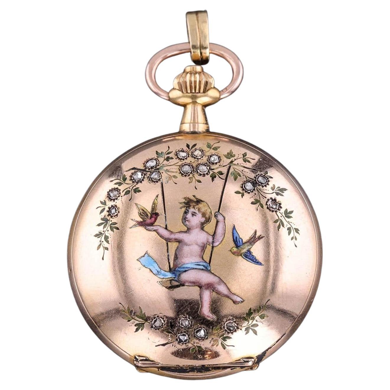 Antique Enamel Cherub Pocket Watch of 18k Gold