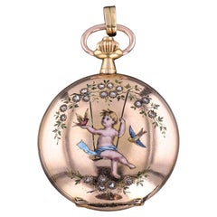Antique Enamel Cherub Pocket Watch of 18k Gold