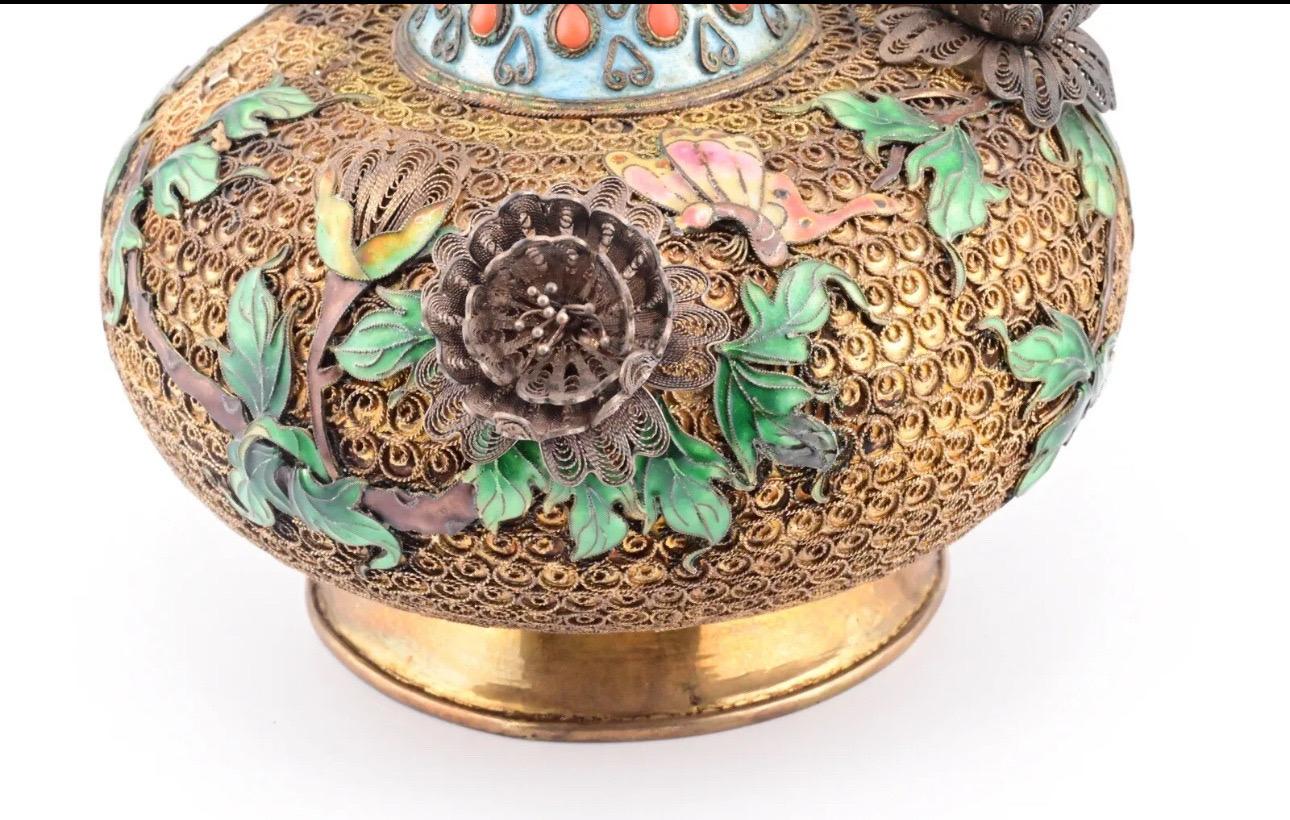 20th Century Antique Enamel Chinese Silver Floral Vase With Enamel Workmanship For Sale