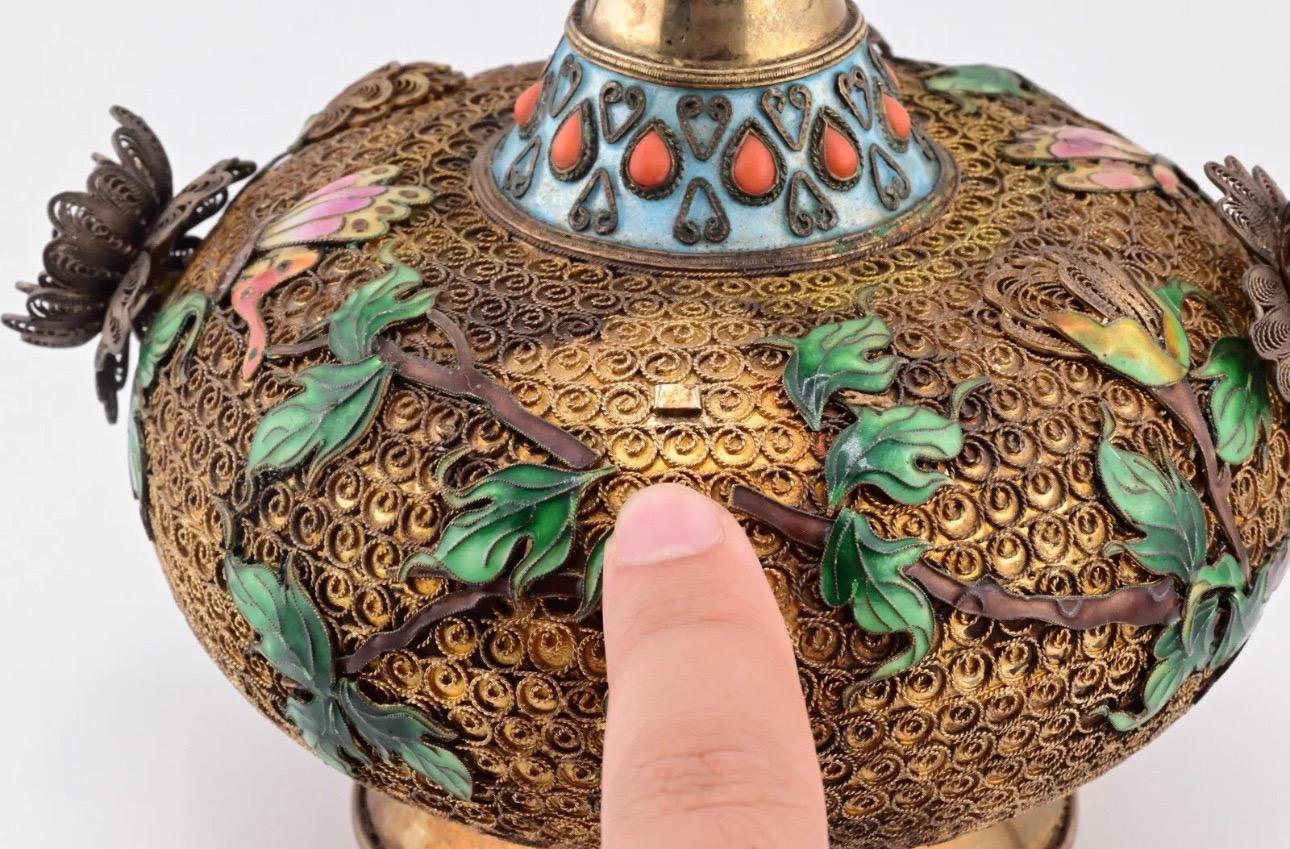 Antique Enamel Chinese Silver Floral Vase With Enamel Workmanship For Sale 1