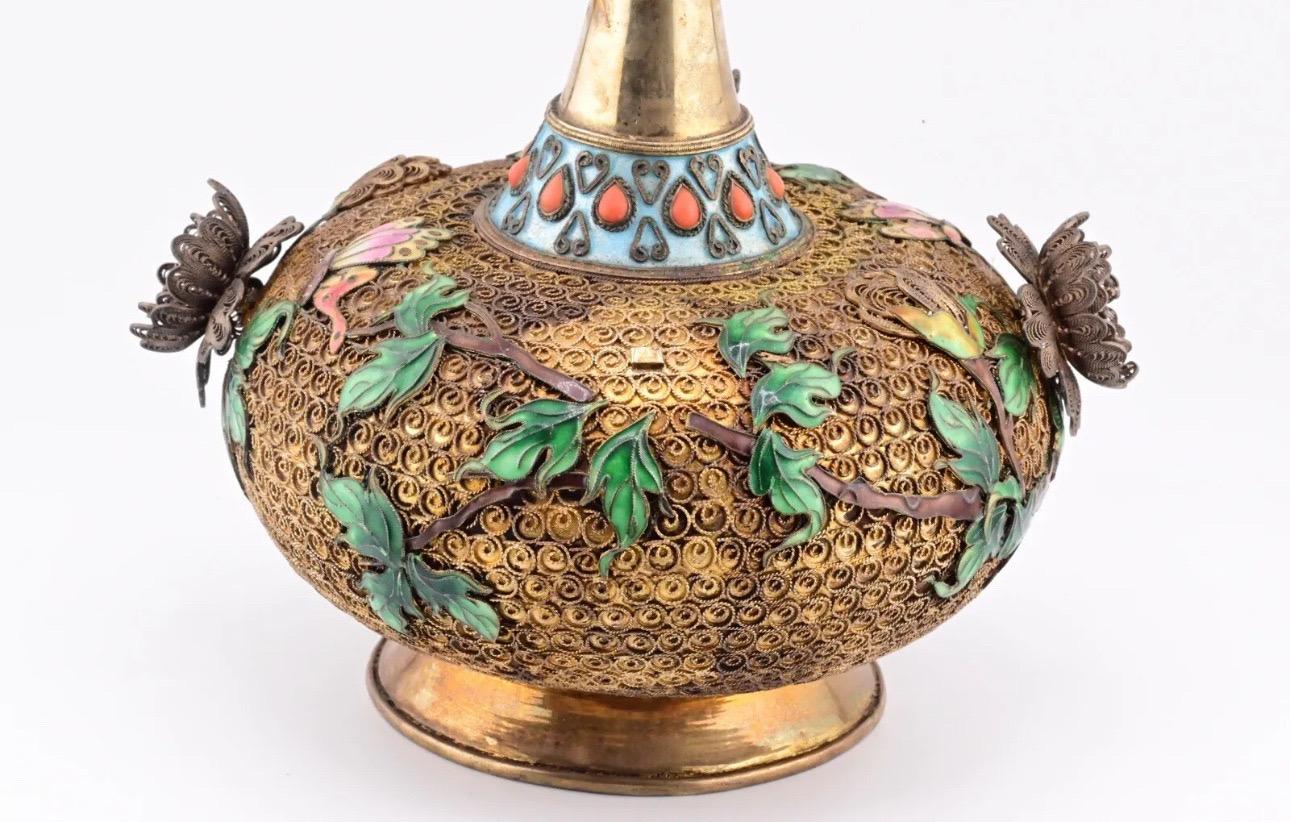 Antique Enamel Chinese Silver Floral Vase With Enamel Workmanship For Sale 2