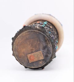 Antique Enamel Chinese Silver Tea Caddy With Enamel & White Jade