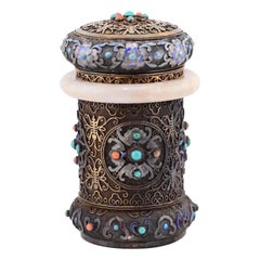 Antique Enamel Chinese Silver Tea Caddy With Enamel & White Jade