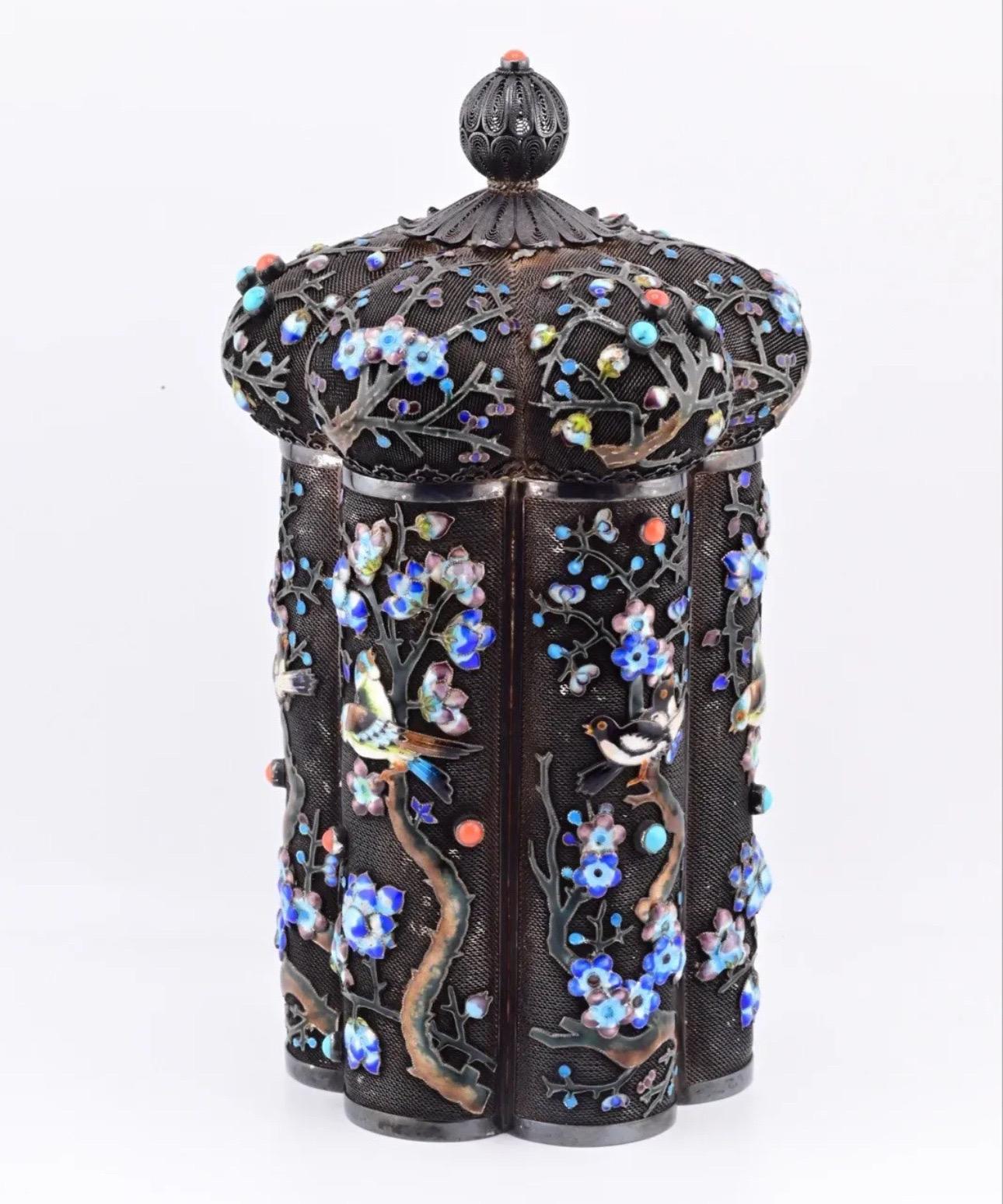 Antique Enamel Chinese Silver Tea Caddy With Enamel Workmanship For Sale 8