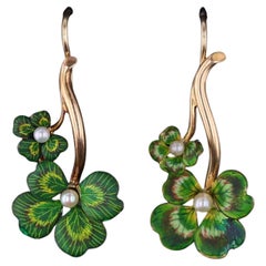 Antique Enamel Clover Earrings of 14k Gold