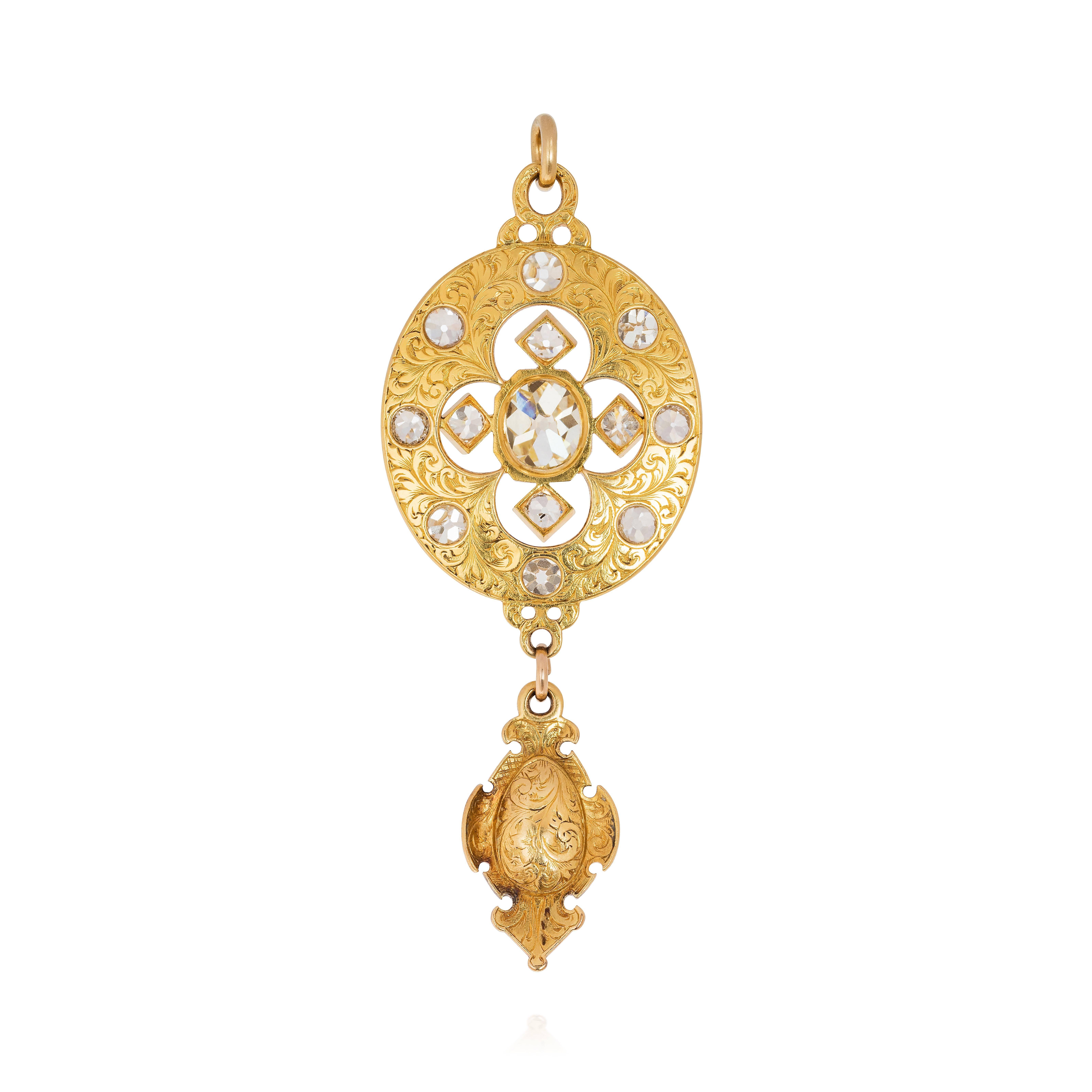 And enamel diamond and garnet Holbeinesque pendant, the central openwork quatrefoil set with old brilliant-cut diamonds, to an oval polychrome champlevé enamelled plaque, highlighted by cushion-shaped diamonds, suspending a lozenge-shaped plaque set