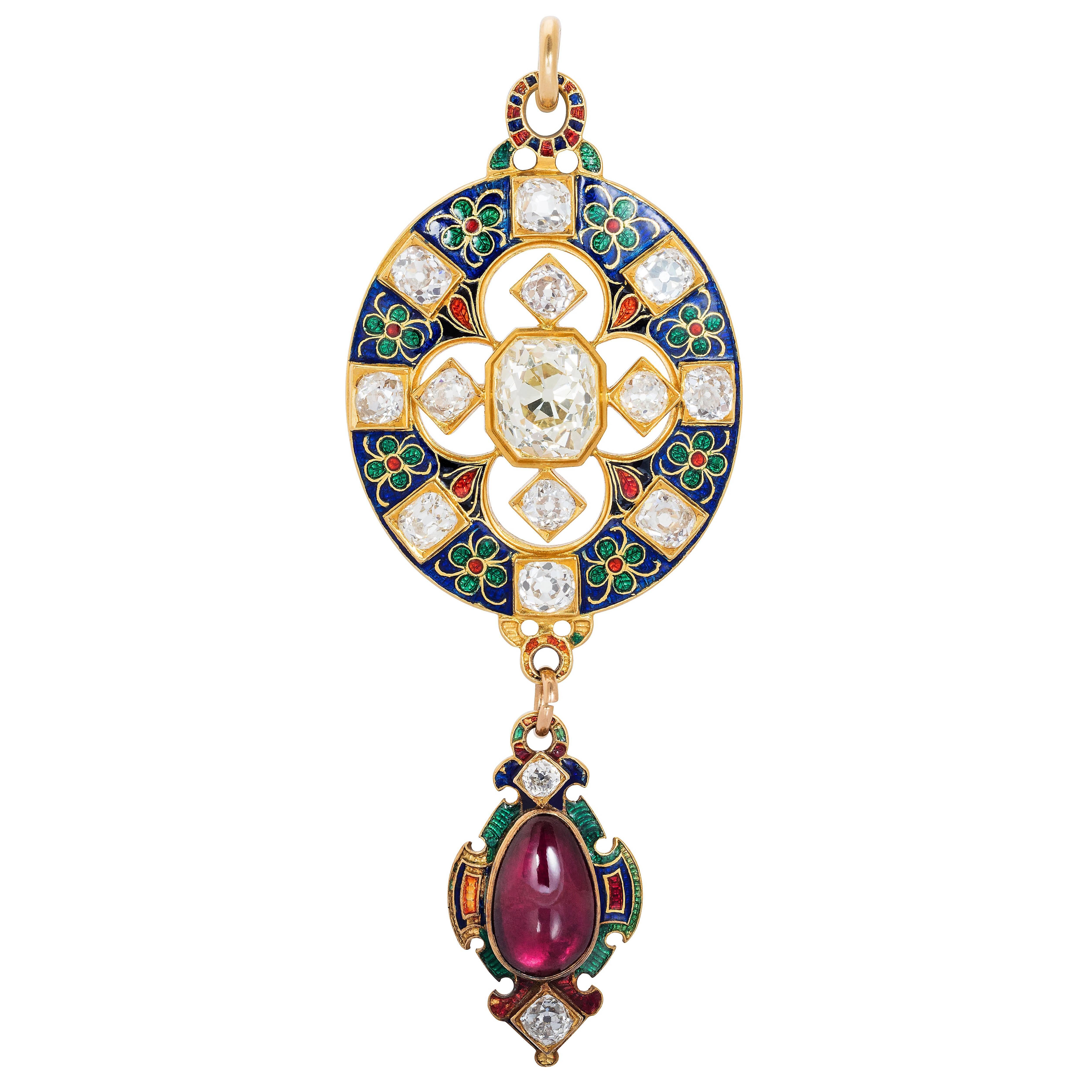 Antique Enamel Diamond and Garnet Holbeinesque Pendant, circa 1870