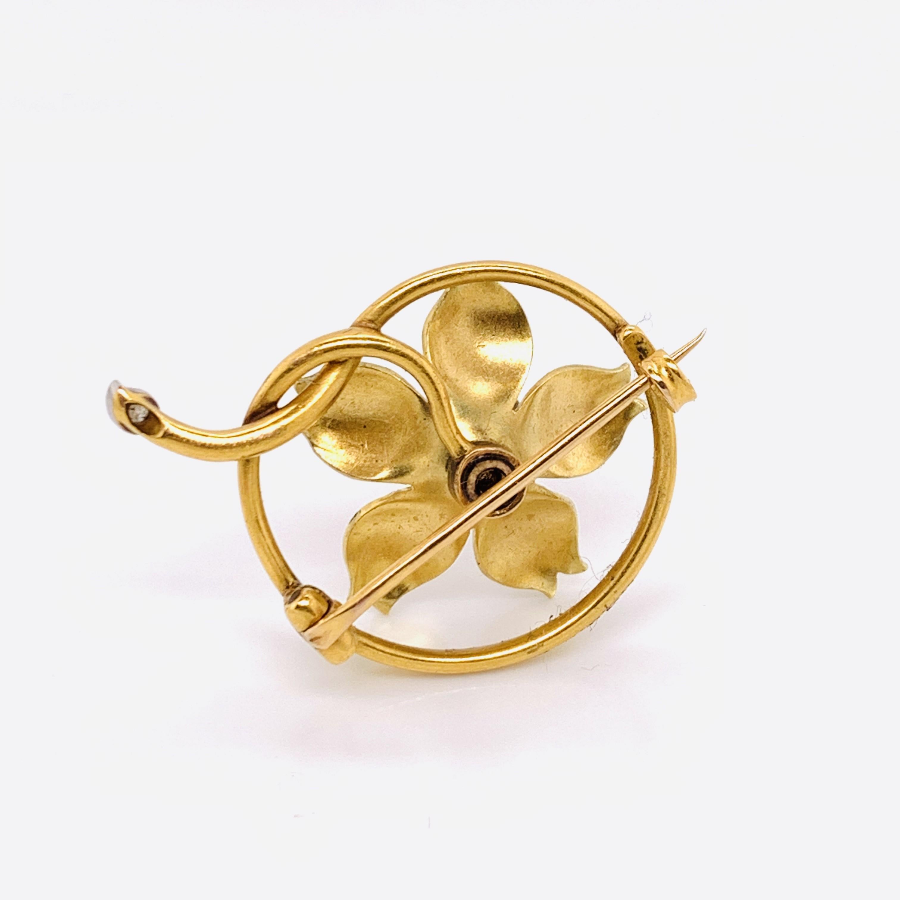 Victorian Antique Enamel, Diamond and Gold Flower Brooch, Circa 1890 For Sale