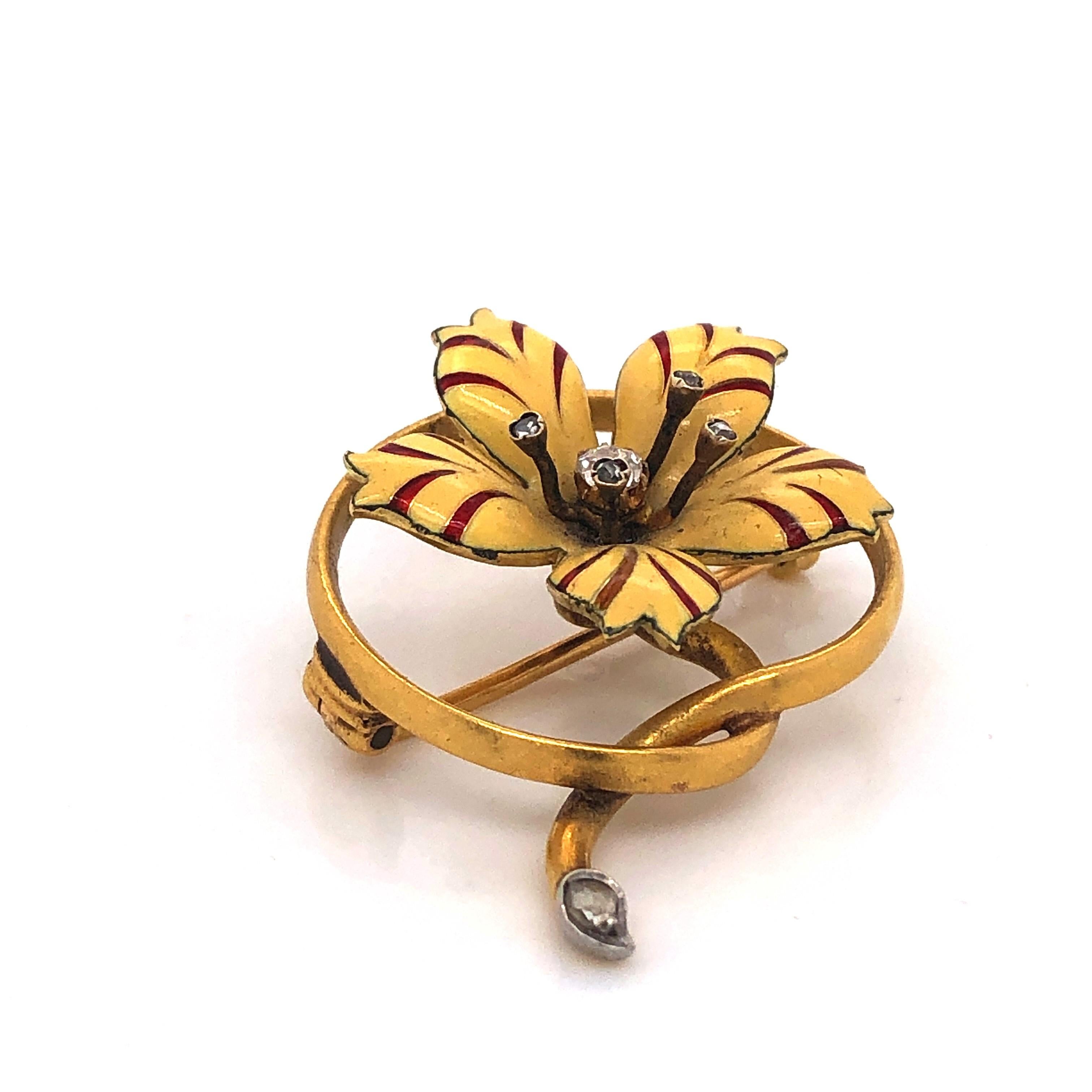 Rose Cut Antique Enamel, Diamond and Gold Flower Brooch, Circa 1890 For Sale