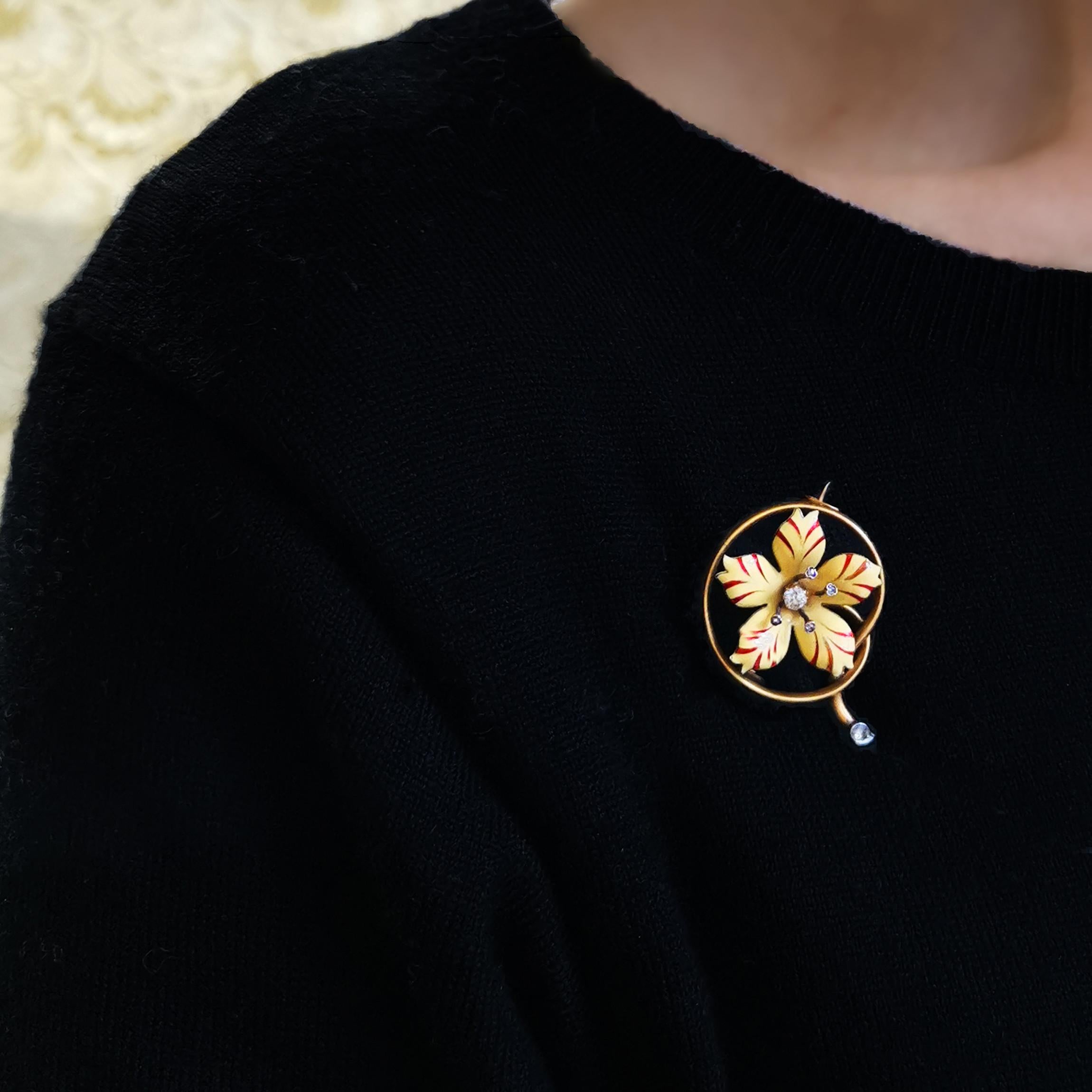Women's Victorian Enamel Diamond and Gold Flower Brooch, Circa 1890 For Sale