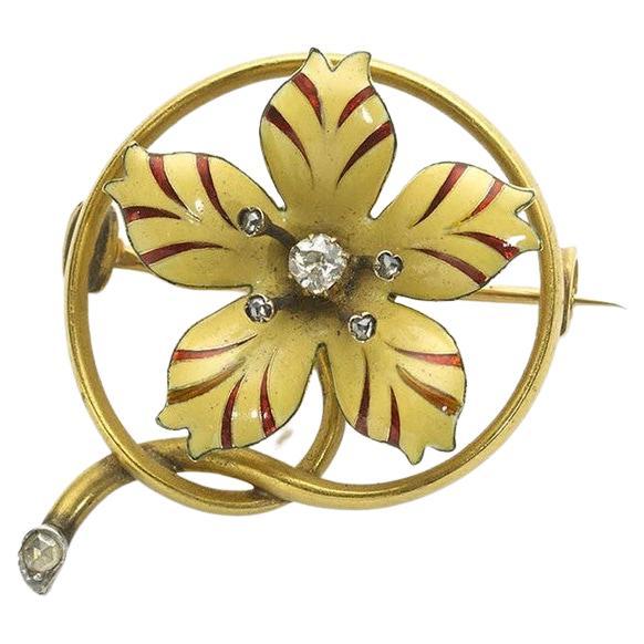 Antique Enamel, Diamond and Gold Flower Brooch, Circa 1890 For Sale
