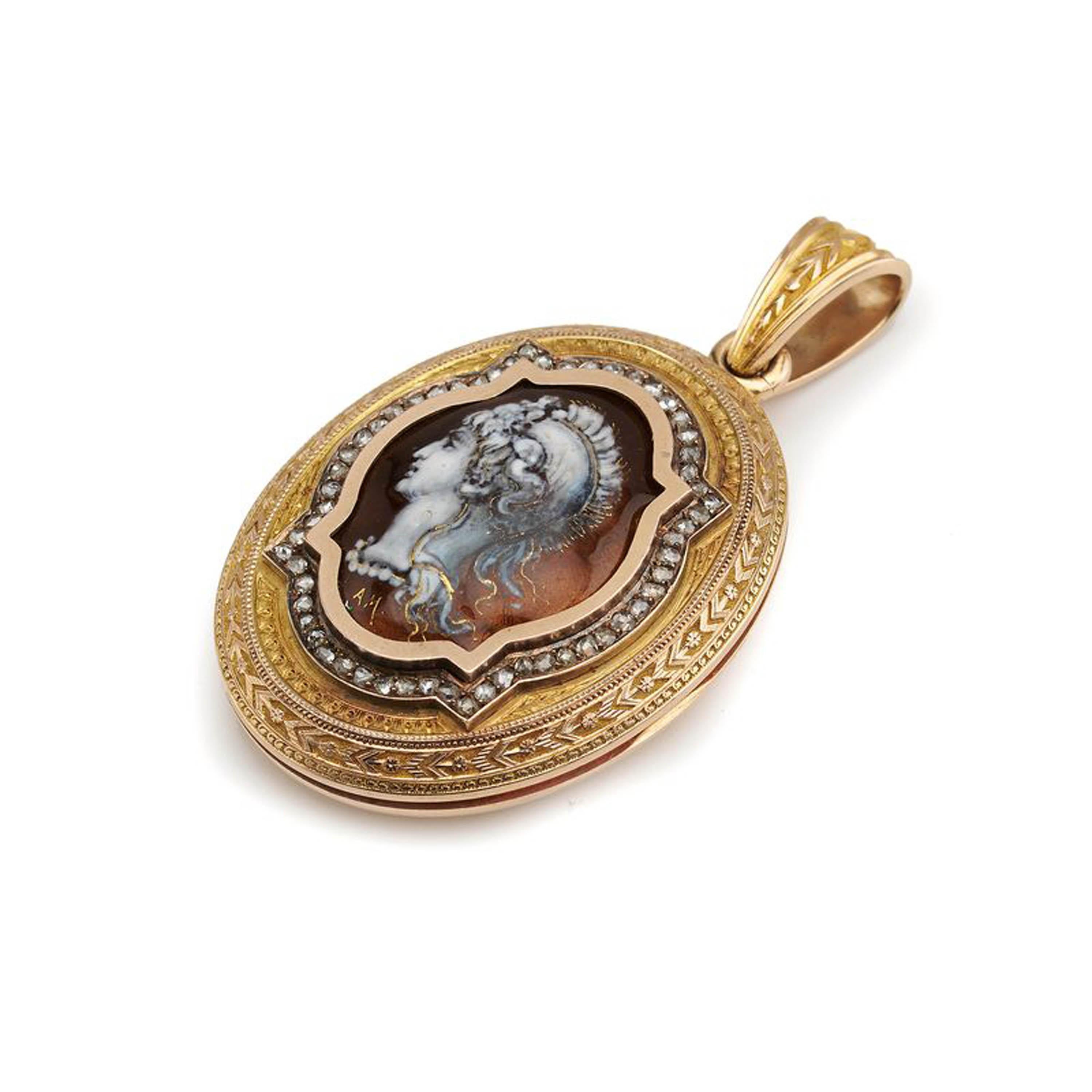 Victorian Antique Enamel Diamond and Gold Locket Pendant Depicting Minerva, Circa 1877 For Sale