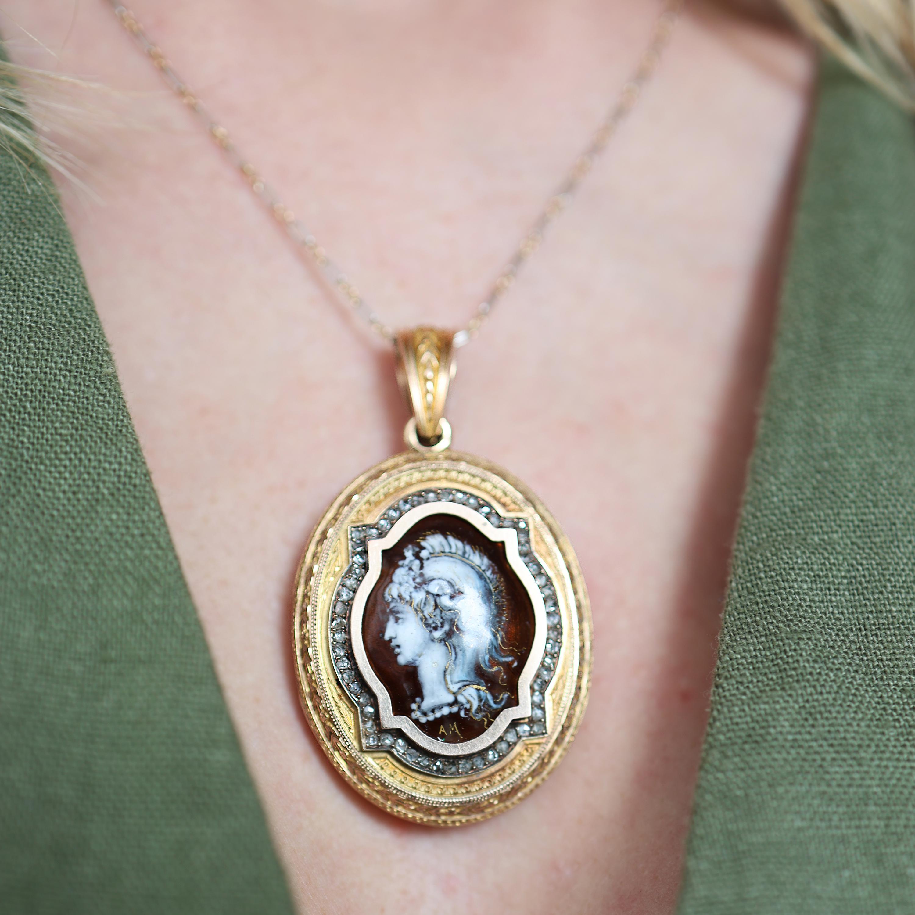 Rose Cut Antique Enamel Diamond and Gold Locket Pendant Depicting Minerva, Circa 1877 For Sale