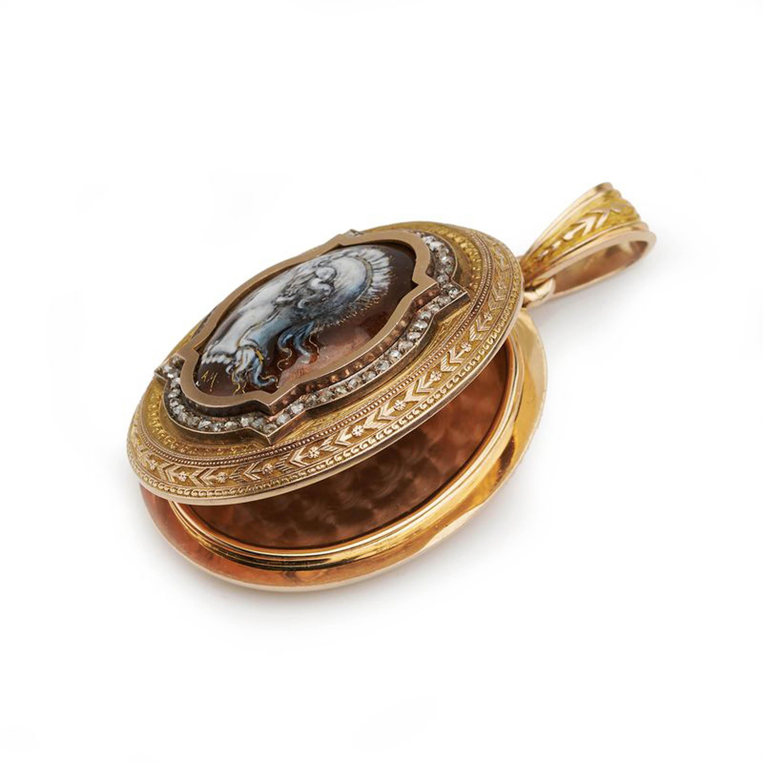 Antique Enamel Diamond and Gold Locket Pendant Depicting Minerva, Circa 1877 In Good Condition For Sale In London, GB