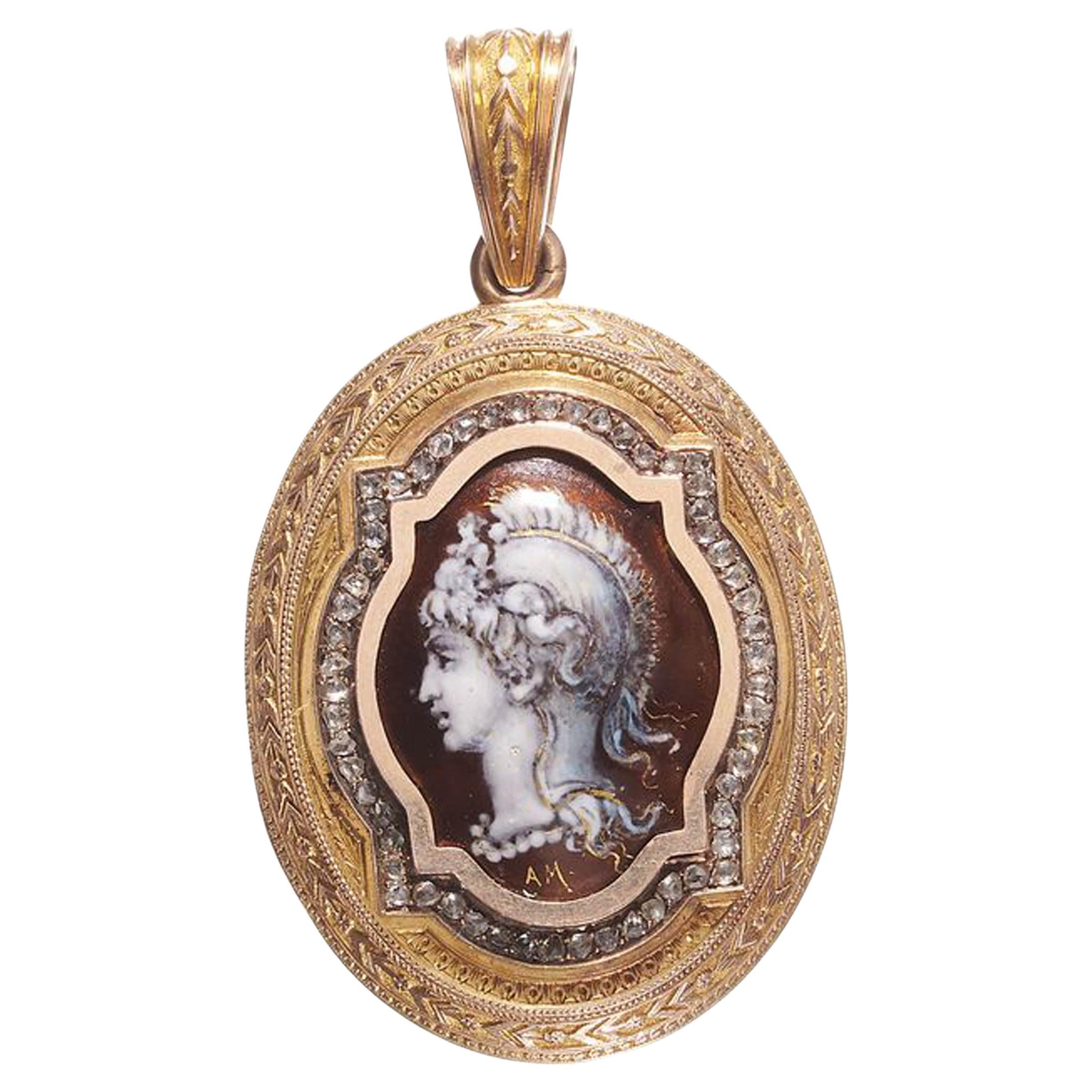 Antique Enamel Diamond and Gold Locket Pendant Depicting Minerva, Circa 1877