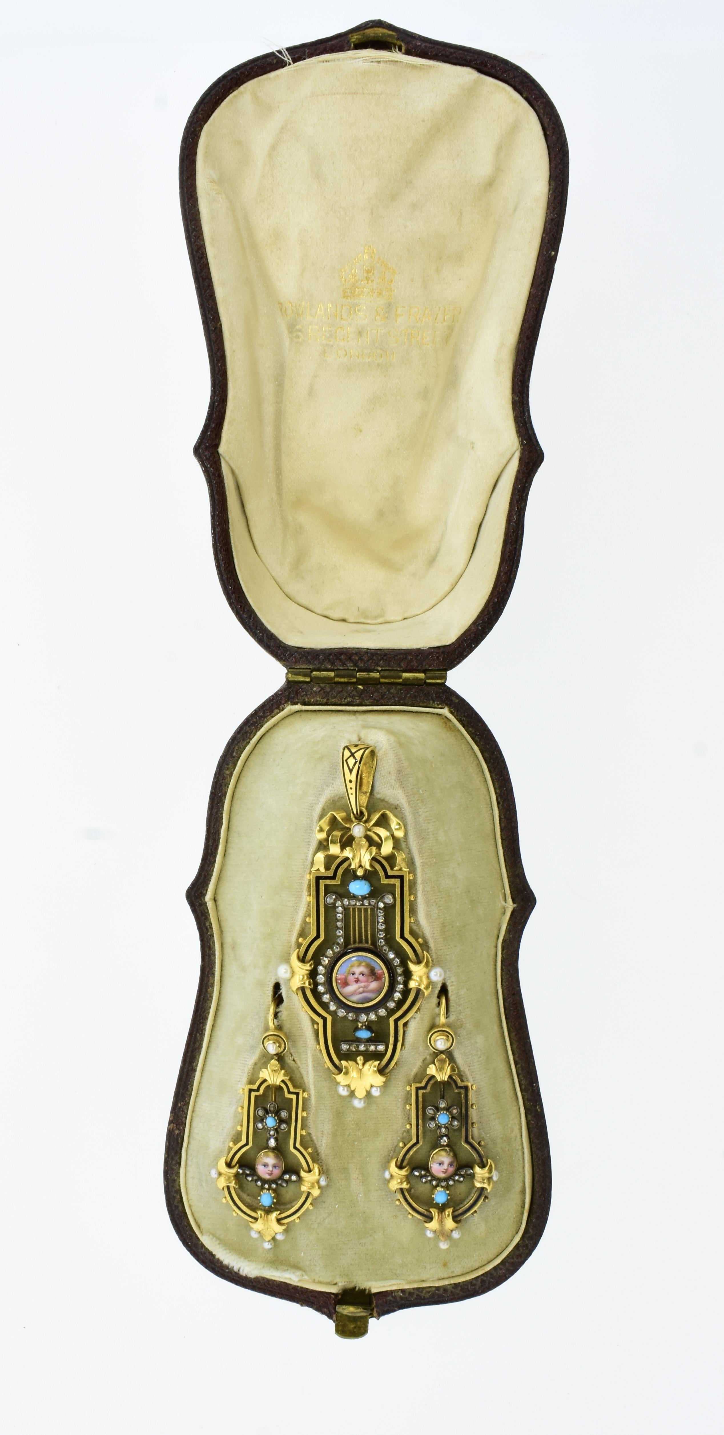 Antique Enamel, Diamond and Pearl Suite, Rowlands & Frazer, London, c. 1860 For Sale 2