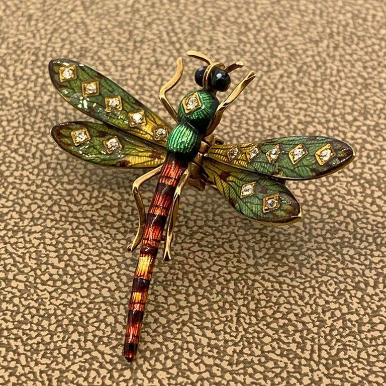 Antique Enamel Diamond Dragonfly PinBrooch For Sale at 1stDibs