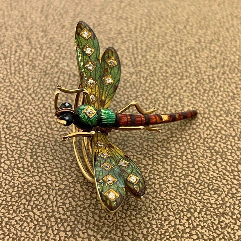 Antique Enamel Diamond Dragonfly PinBrooch For Sale at 1stDibs