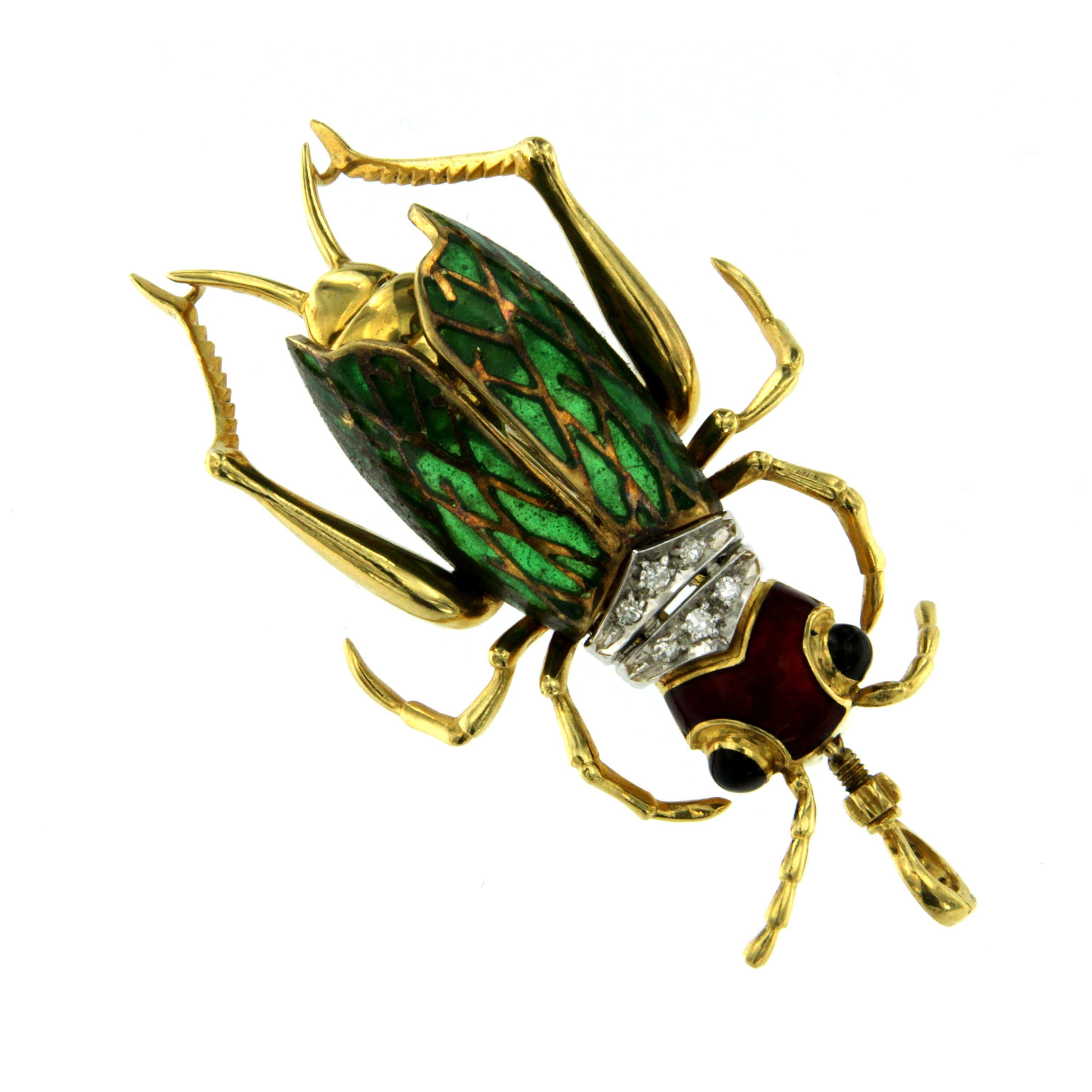 Beautiful Cathedral Enamel Cicada shaped brooch/pendant hand made in of 18k yellow  gold. Set with round cut Colorless diamonds.
Beautiful piece of jewelry, to wear or to collect, origin Italy, Circa 1950

CONDITION: Pre-owned - Excellent
METAL: 18k