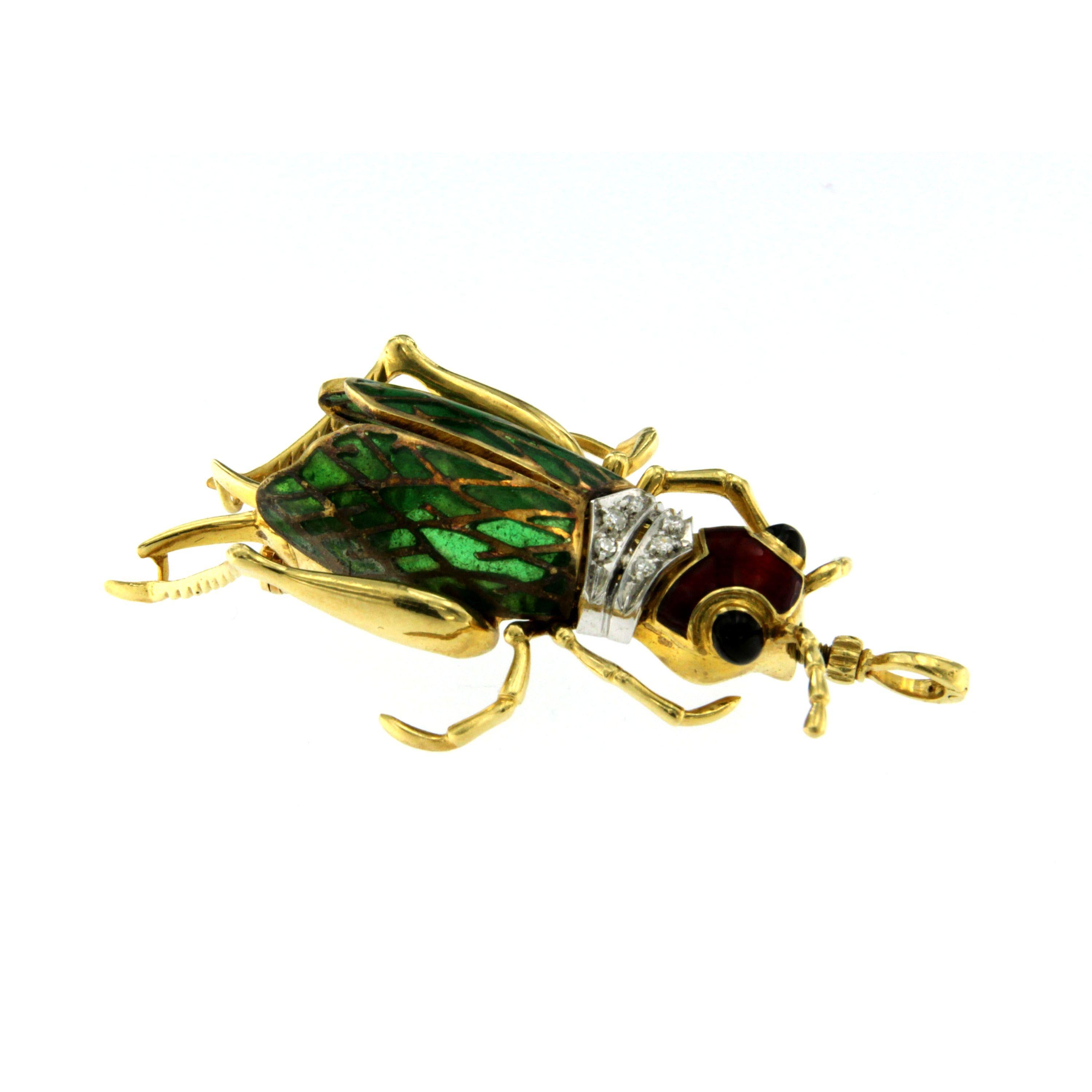 Antique Enamel Diamond Gold Cicada Brooch or Pendant In Excellent Condition In Napoli, Italy